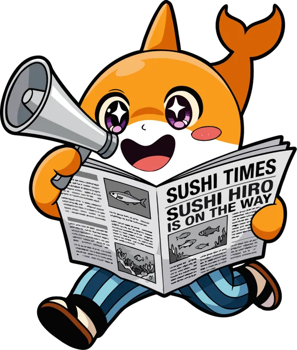 Hiro Boy with a megaphone reading the Sushi Times