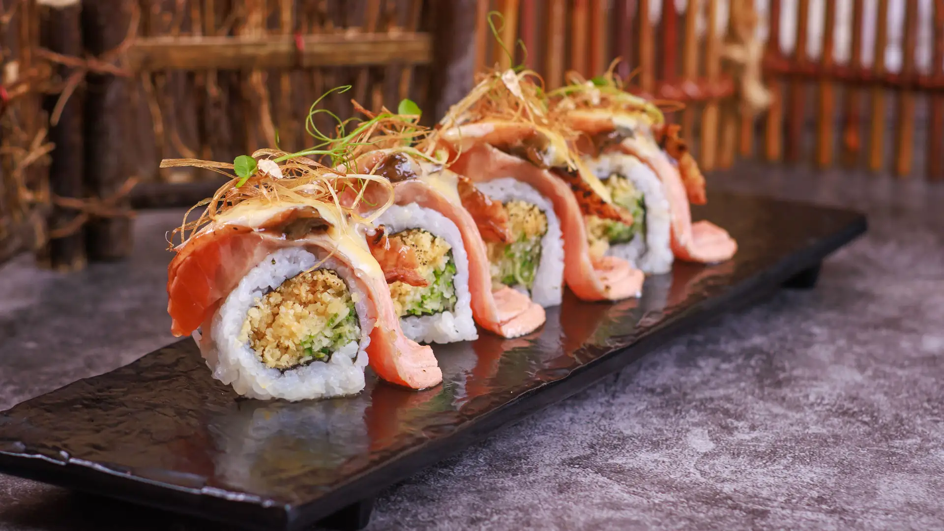 Hiro Aburi Shiok Maki — torched salmon and roasted eel roll with Sushi Hiro’s signature shiok sauce