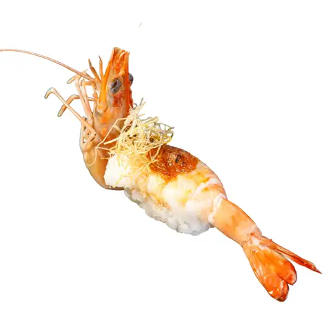 Ebi King Karamiso Sushi — Torched tiger prawn with spicy miso