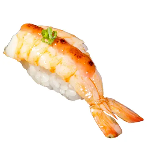 Ebi Sushi Aburi Mentai — Torched prawn with cod roe mayo