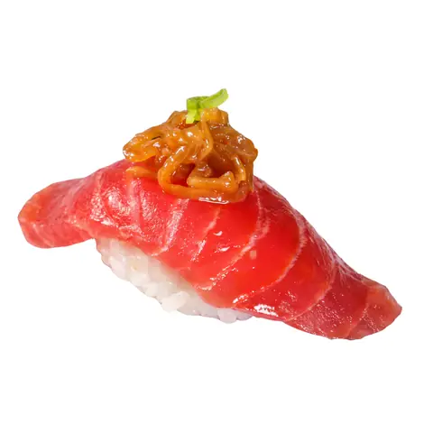 Tuna Akami Tamanegi Sushi — Torched bluefin tuna with caramelised onion