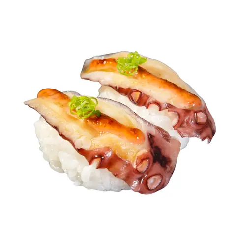 Tako Mentai Sushi — Torched boiled octopus with cod roe mayonnaise