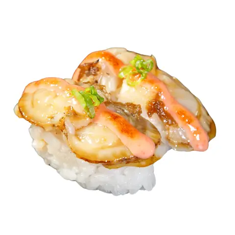 Hotate Mentai Sushi — Torched boiled scallop with cod roe mayonnaise