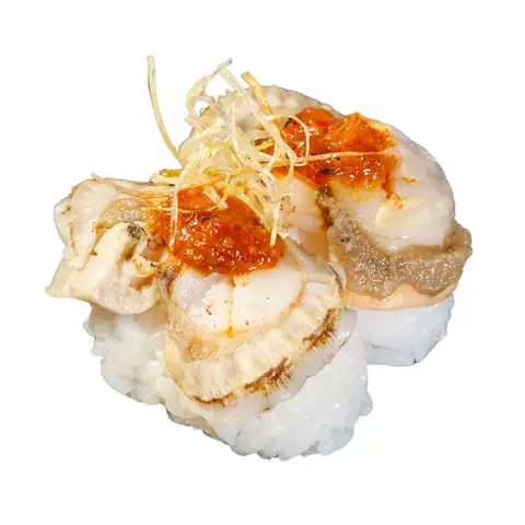 Hotate Karamiso Sushi — Torched boiled scallop with spicy miso