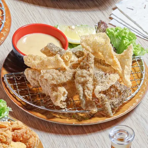 Salmon Skin Karaage — Crispy fried salmon skin with garlic mayo