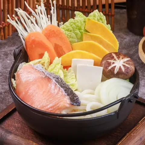 Salmon Nabemono — Japanese hot pot with salmon, tofu, vegetables, egg and udon