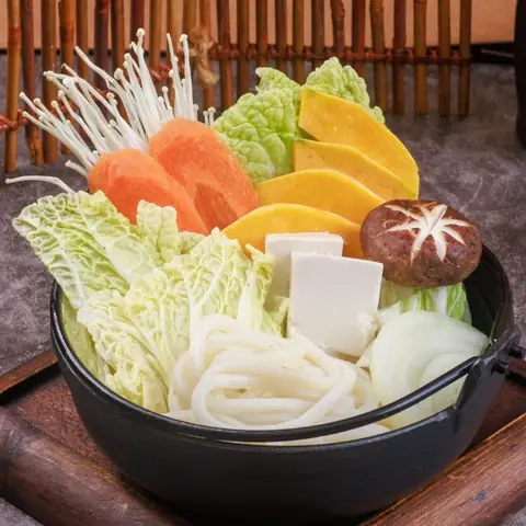 Yasai Nabemono — Japanese hot pot with assorted vegetables, tofu, egg and udon
