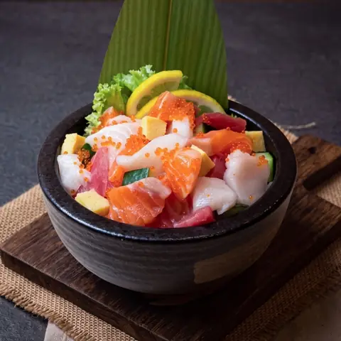 Bara Chirashi Don — Sushi rice with assorted diced sashimi, egg and cucumber