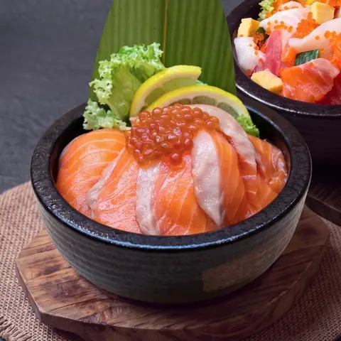 Salmon Oyako Don — Sushi rice with fresh salmon topped with ikura