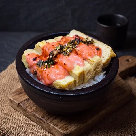 Tamago Mentai Don — Sushi rice with torched cod roe mayo on Japanese omelette