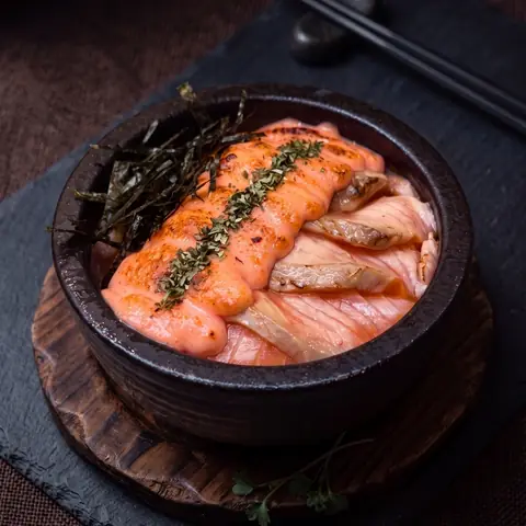 Salmon Mentai Don — Sushi rice with torched cod roe mayo on fresh salmon