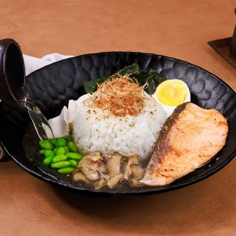 Salmon Ochazuke — Rice in tea broth topped with grilled salmon