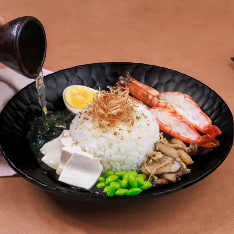 Yaki Ebi Ochazuke — Rice in tea broth topped with grilled prawns