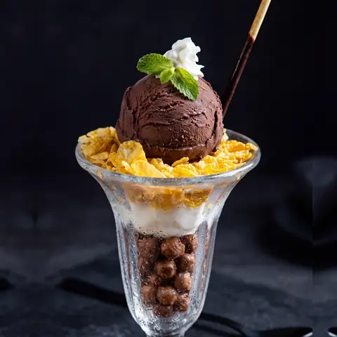 Double Chocolate Parfait — Dark chocolate and vanilla ice cream with Milo crunch and cornflakes
