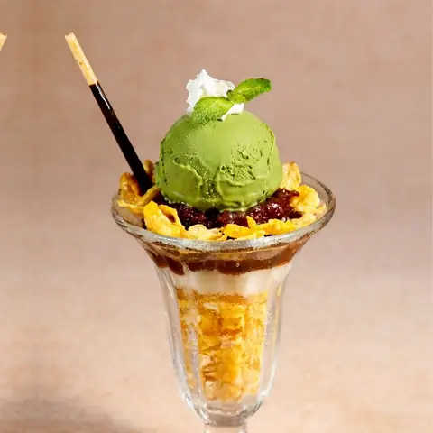 Matcha Parfait — Green tea and vanilla ice cream with red bean and cornflakes