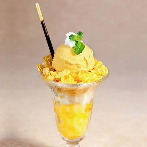 Mango Parfait — Mango and vanilla ice cream with mango pudding and cornflakes
