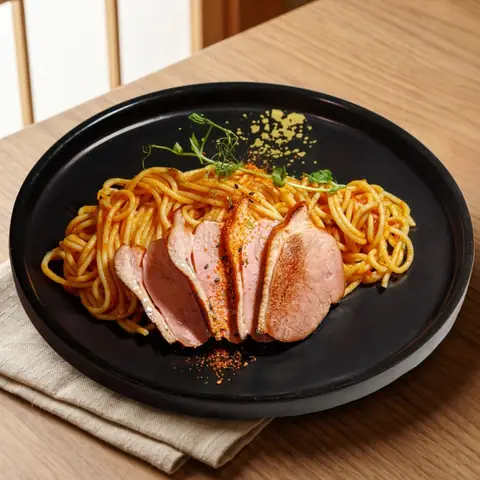 Spicy Kamo Napolitan Pasta — Spicy tomato pasta topped with smoked duck