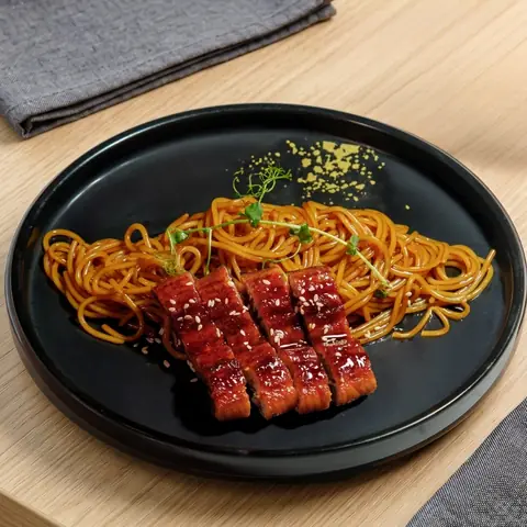 Unagi Teriyaki Pasta — Teriyaki pasta topped with grilled eel