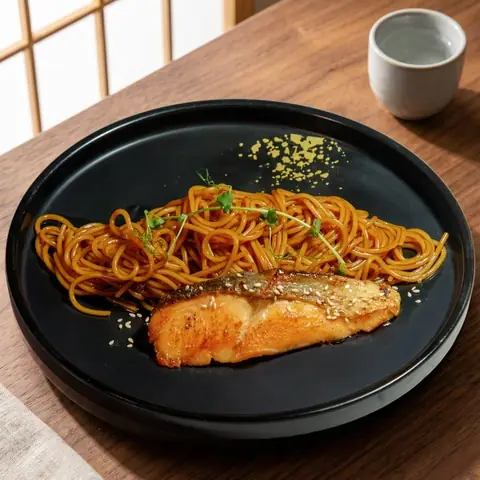 Salmon Teriyaki Pasta — Teriyaki pasta topped with grilled salmon