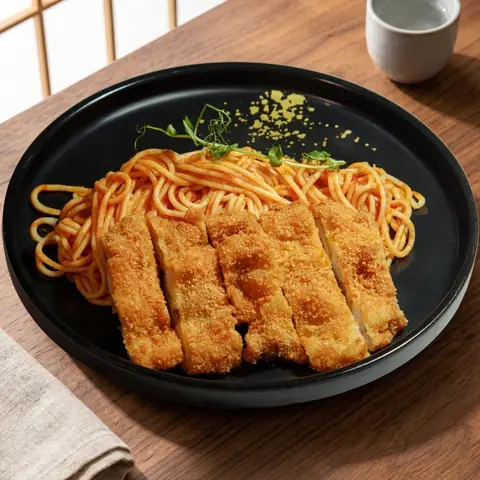 Tori Katsu Napolitan Pasta — Tomato pasta topped with crispy breaded chicken