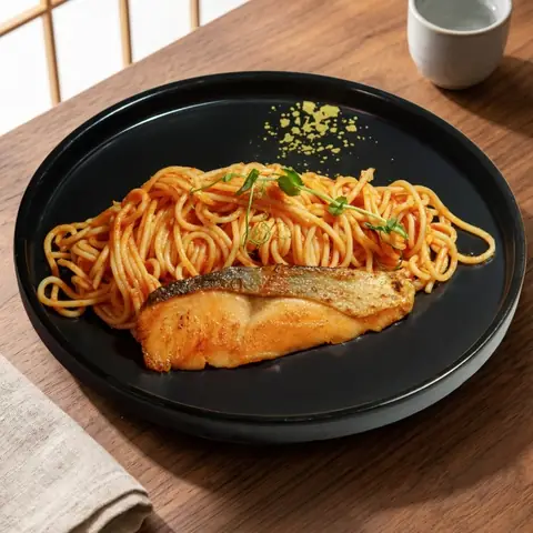 Salmon Napolitan Pasta — Tomato pasta topped with grilled salmon