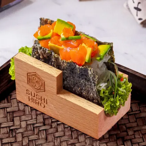 Salmon Avocado Taco Temaki — Crunchy hand roll with salmon and avocado