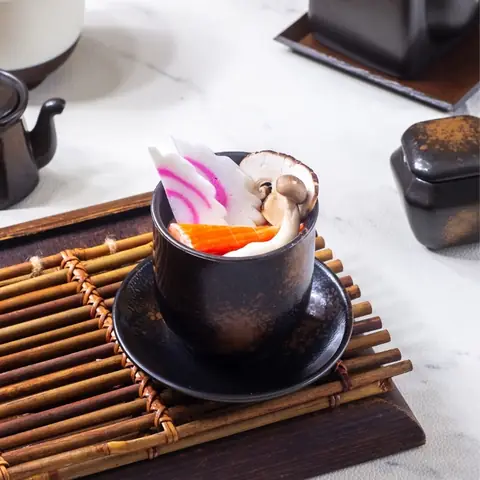 Chawanmushi — Steamed custard egg with fish cake, crabstick, shimeji and shiitake