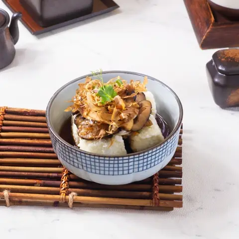 Agedashi Tofu — Fried tofu topped with sautéed shimeji and shiitake in dashi broth