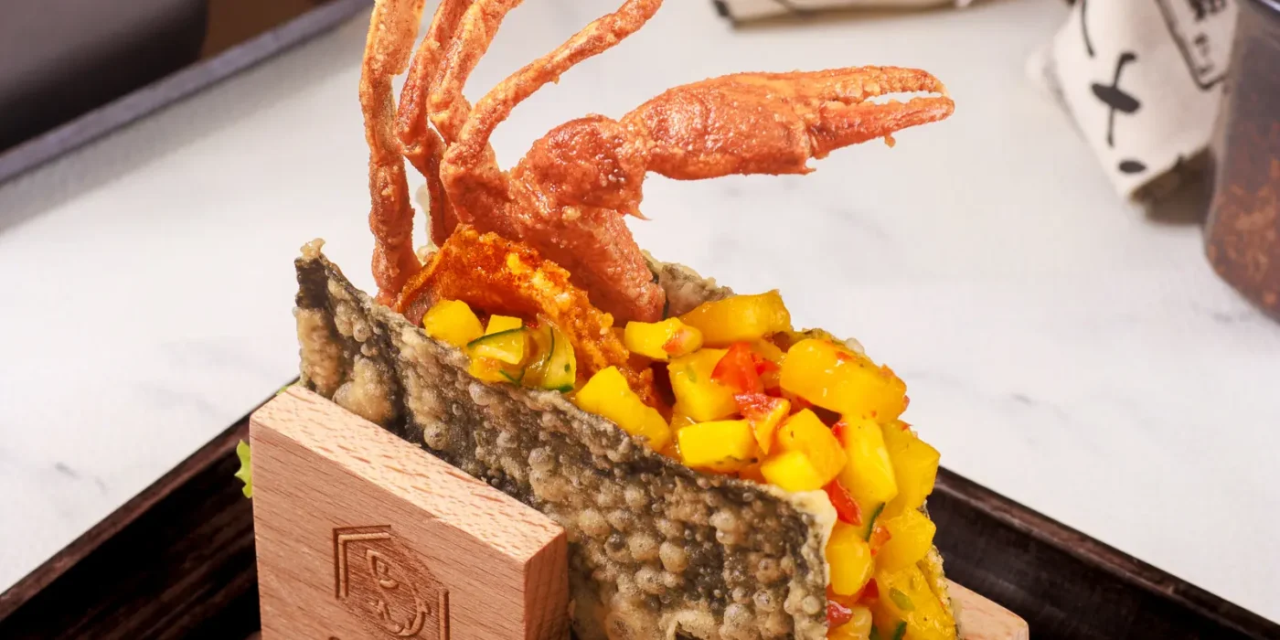 Soft Shell Crab Spicy Mango Salsa Taco Temaki in its wooden stand