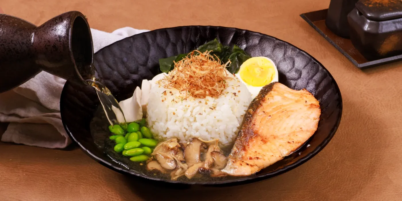 Salmon Ochazuke: rice in a fragrant tea broth topped with salmon