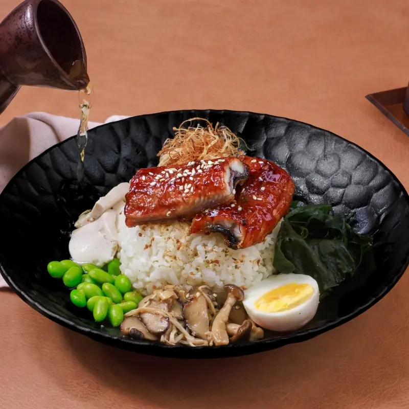 Unagi Ochazuke: rice in tea broth topped with torched eel