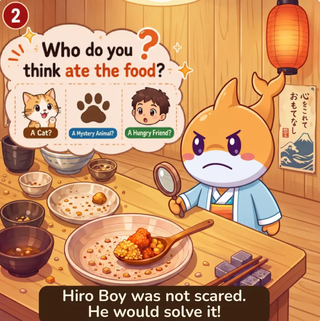 Panel 2: Hiro Boy was not scared. He would solve it! Who do you think ate the food?