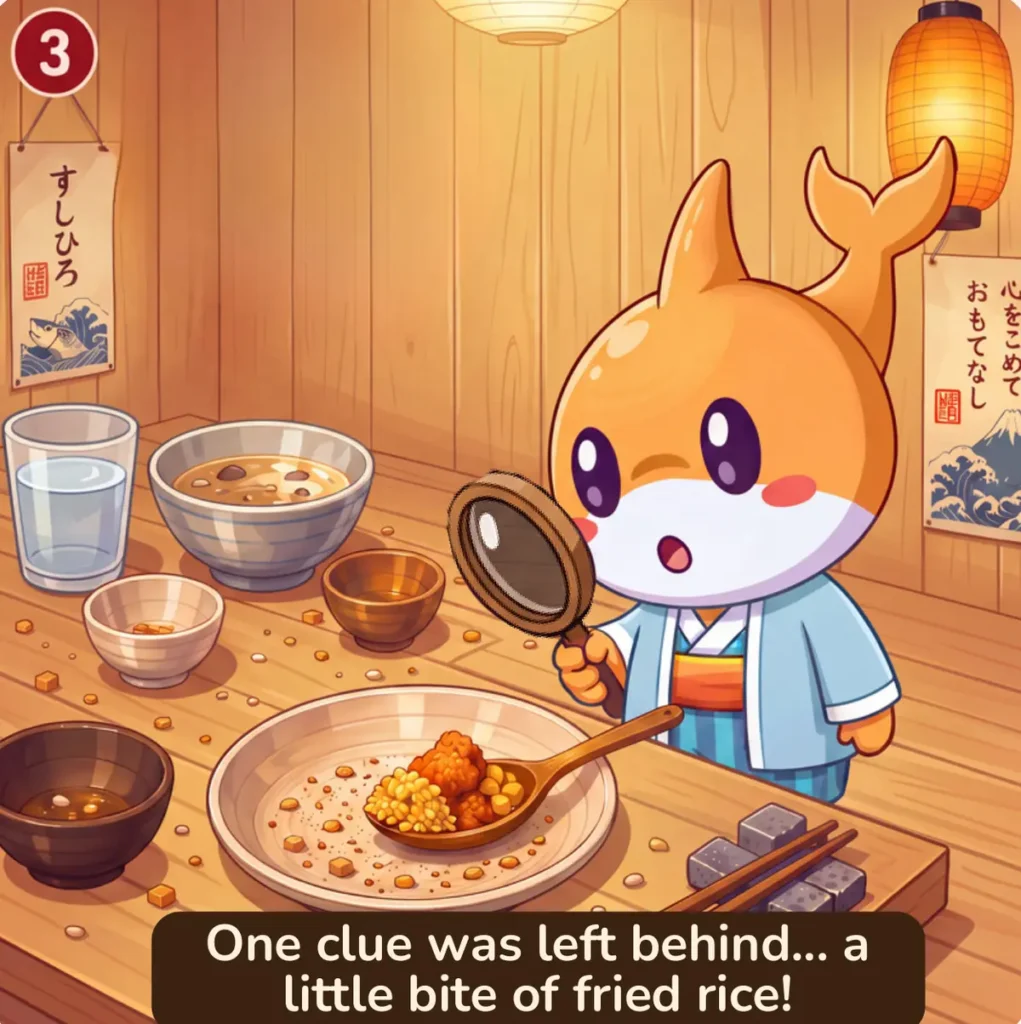Panel 3: One clue was left behind… a little bite of fried rice!