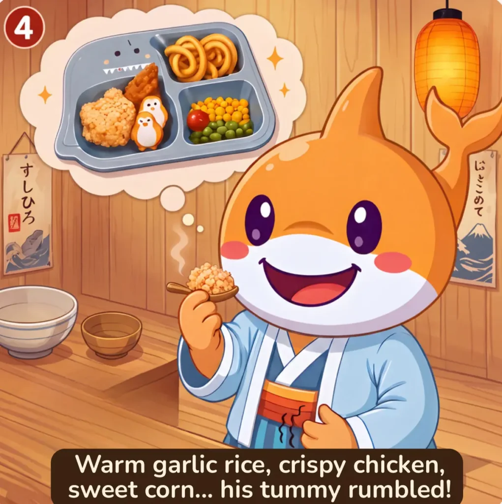 Panel 4: Warm garlic rice, crispy chicken, sweet corn… his tummy rumbled!