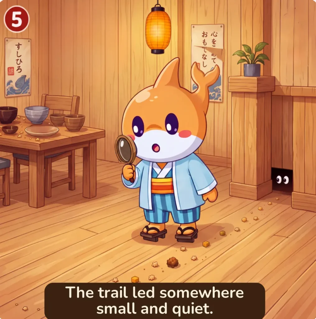 Panel 5: The trail led somewhere small and quiet.