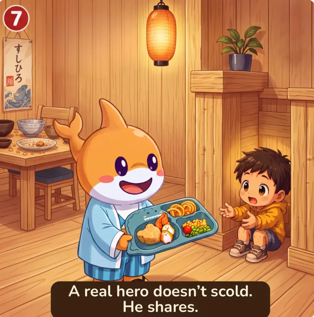 Panel 7: A real hero doesn’t scold. He shares.