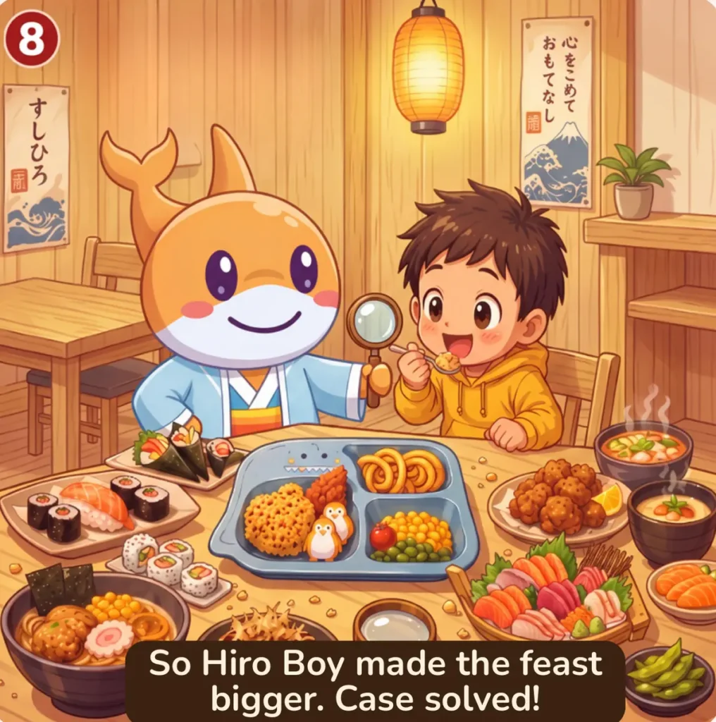 Panel 8: So Hiro Boy made the feast bigger. Case solved!